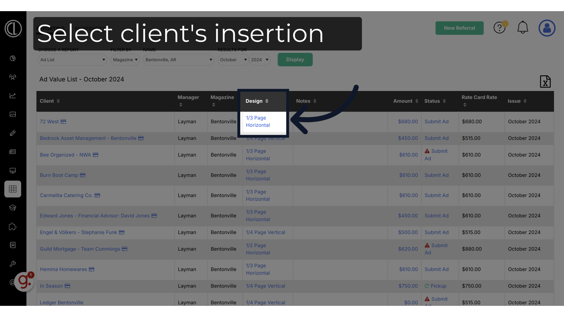Select client's insertion