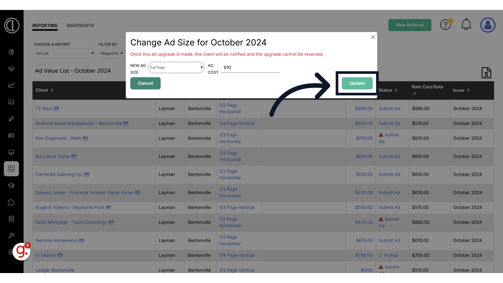 Click 'Update' to upgrade that month's insertion