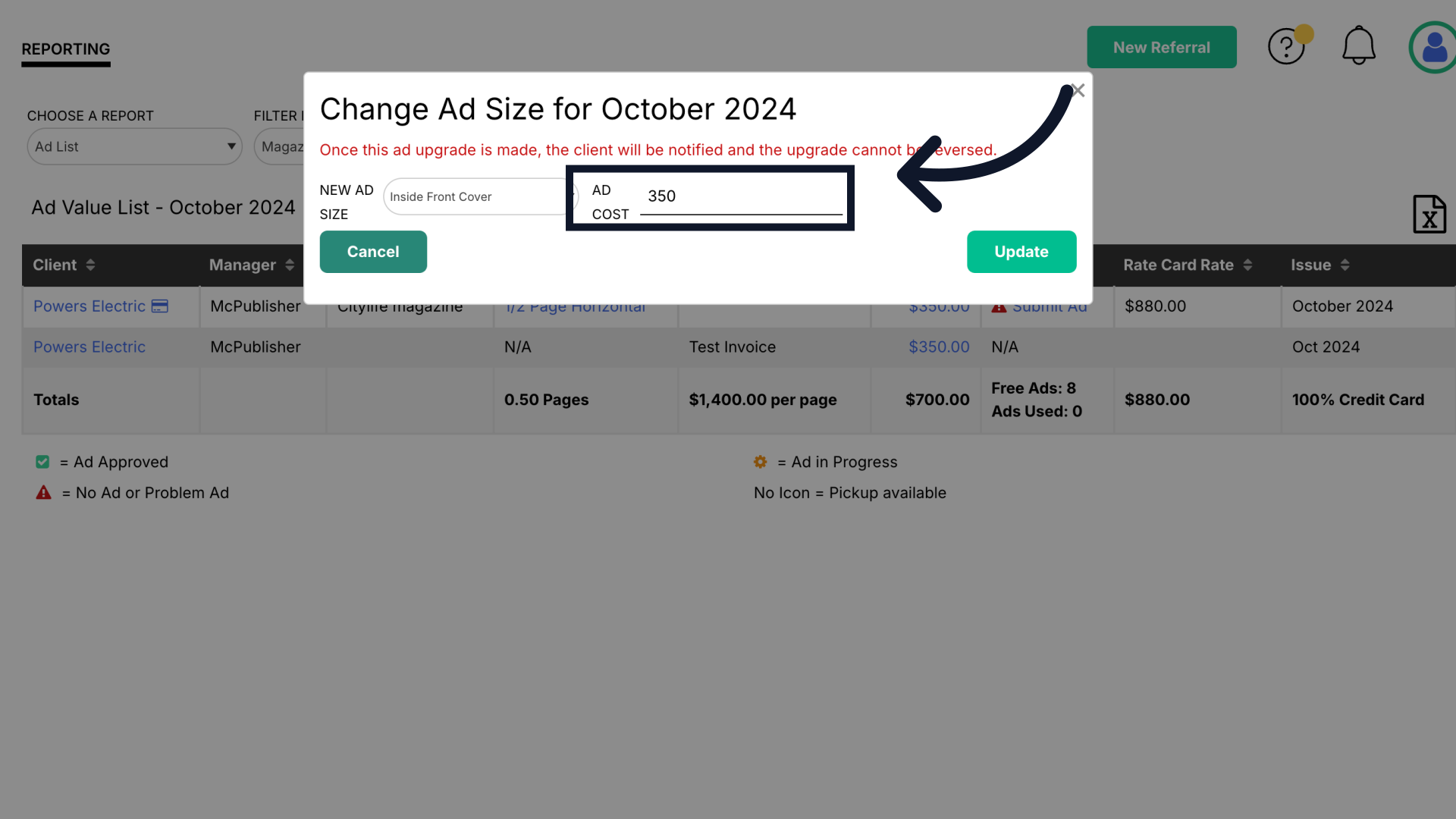 Update ad cost
