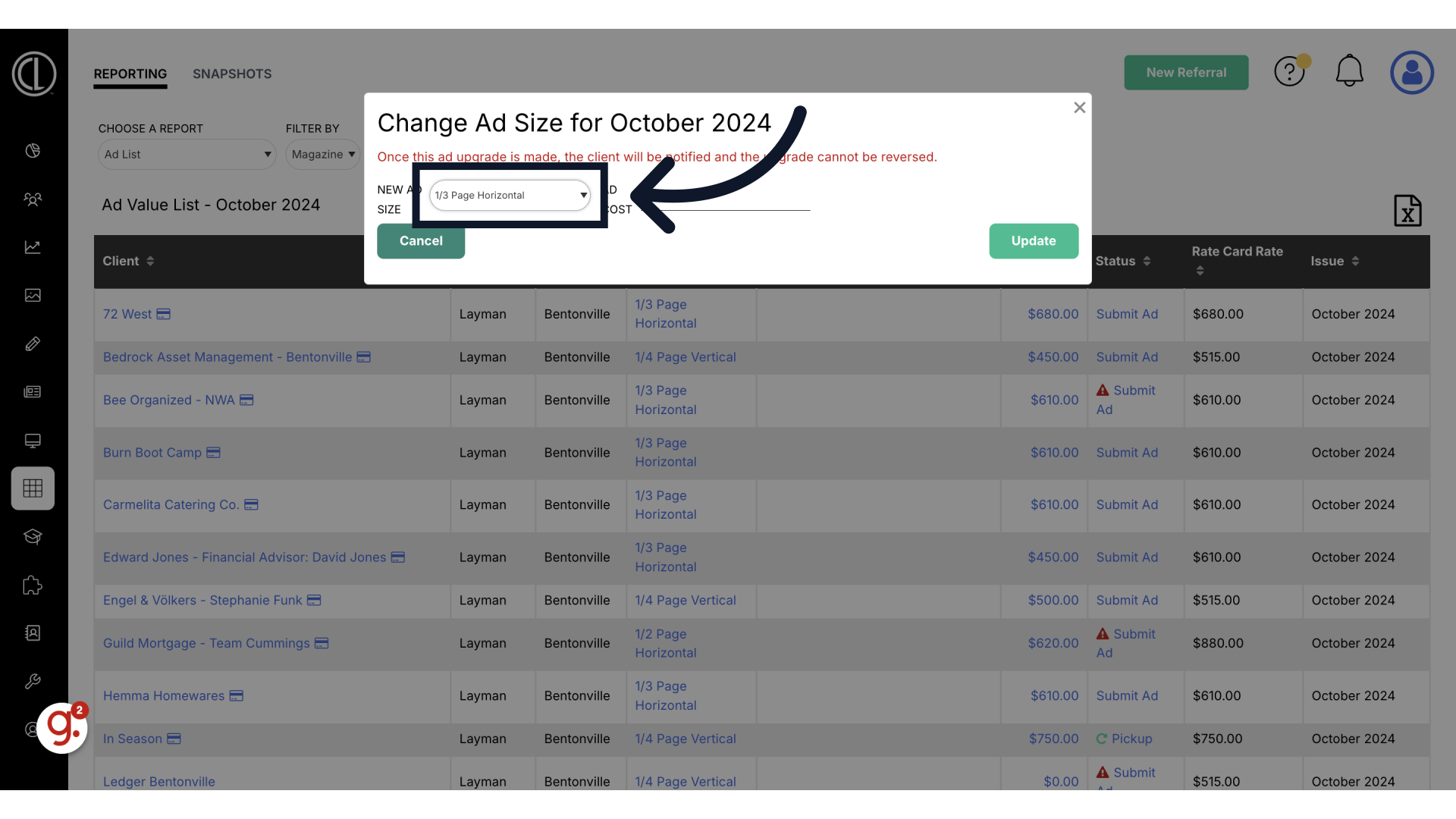 Select the upgraded ad size