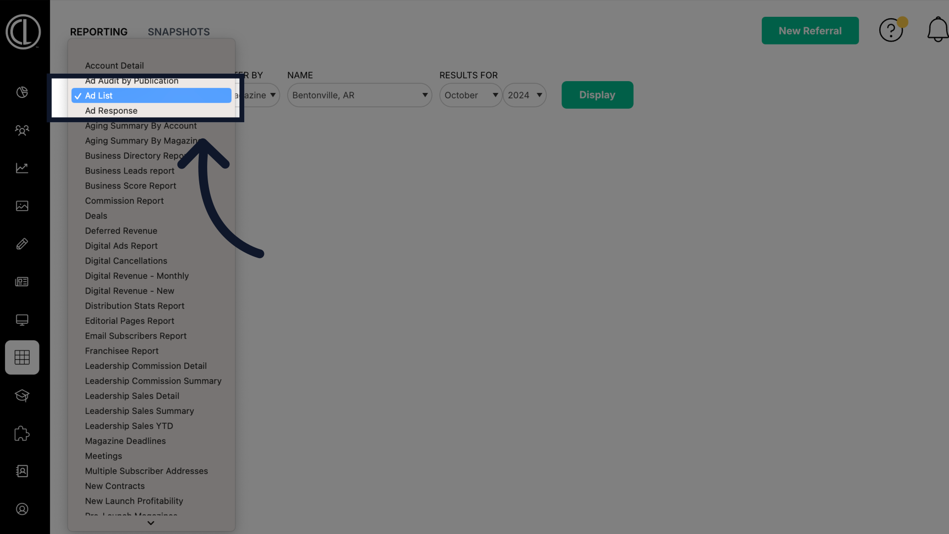Generate the 'Ad List' report