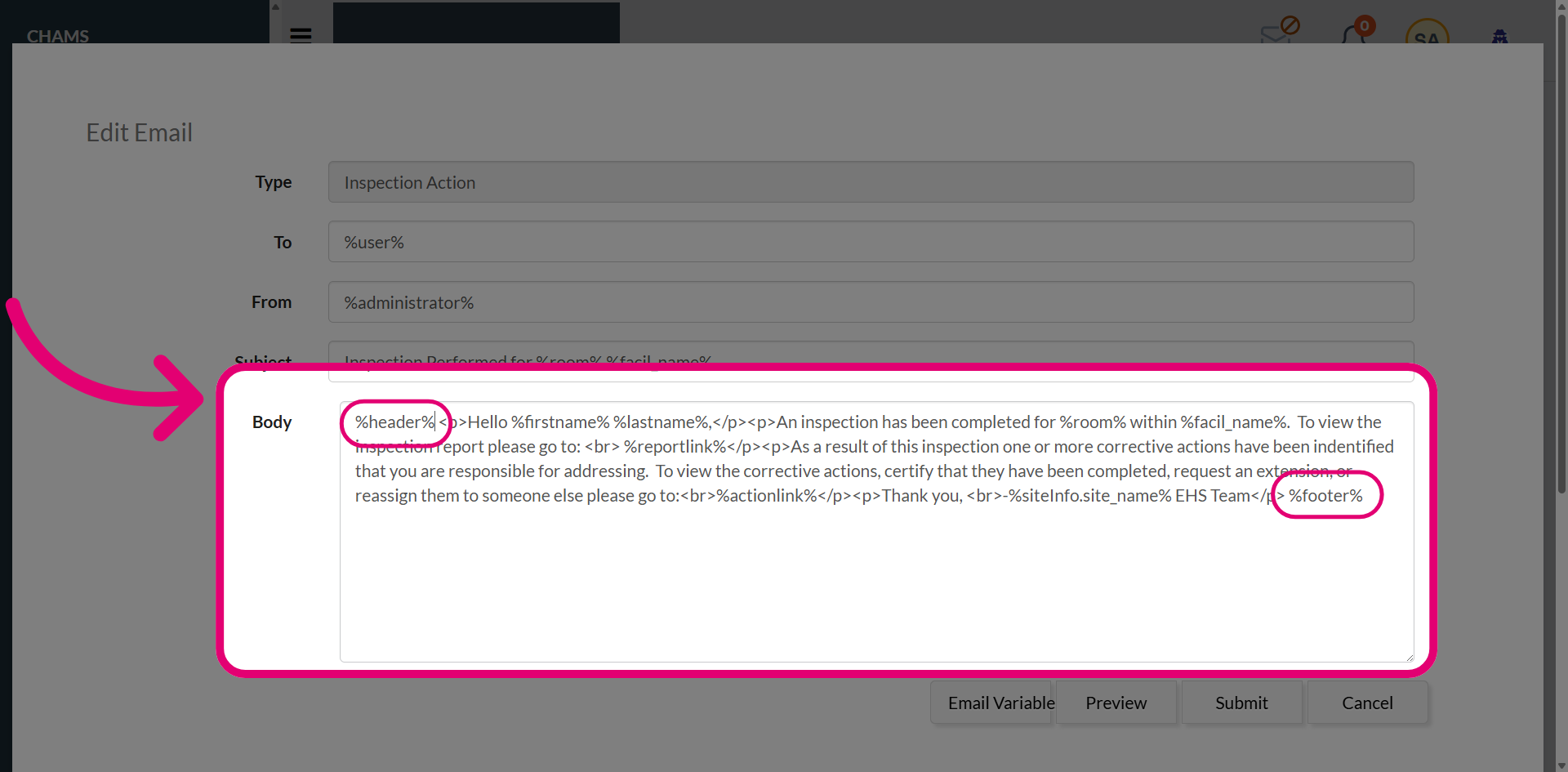 Add header/footer variables to the body