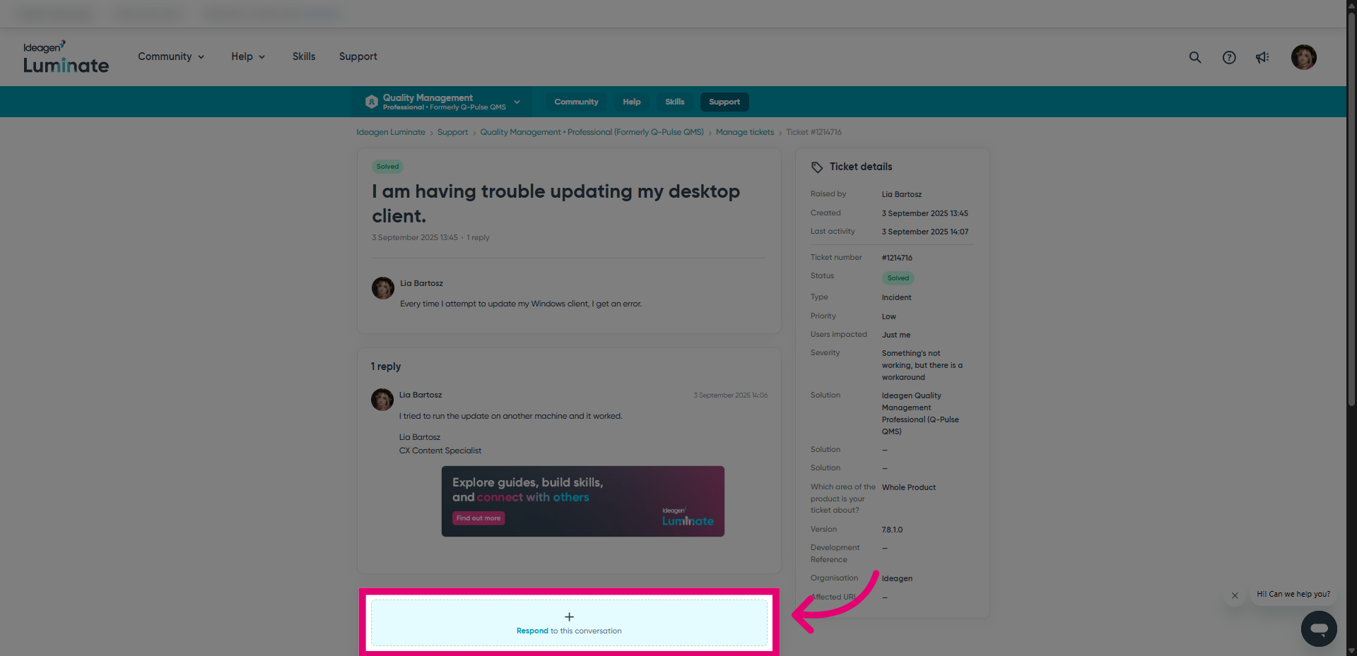 Click 'Respond to this conversation'