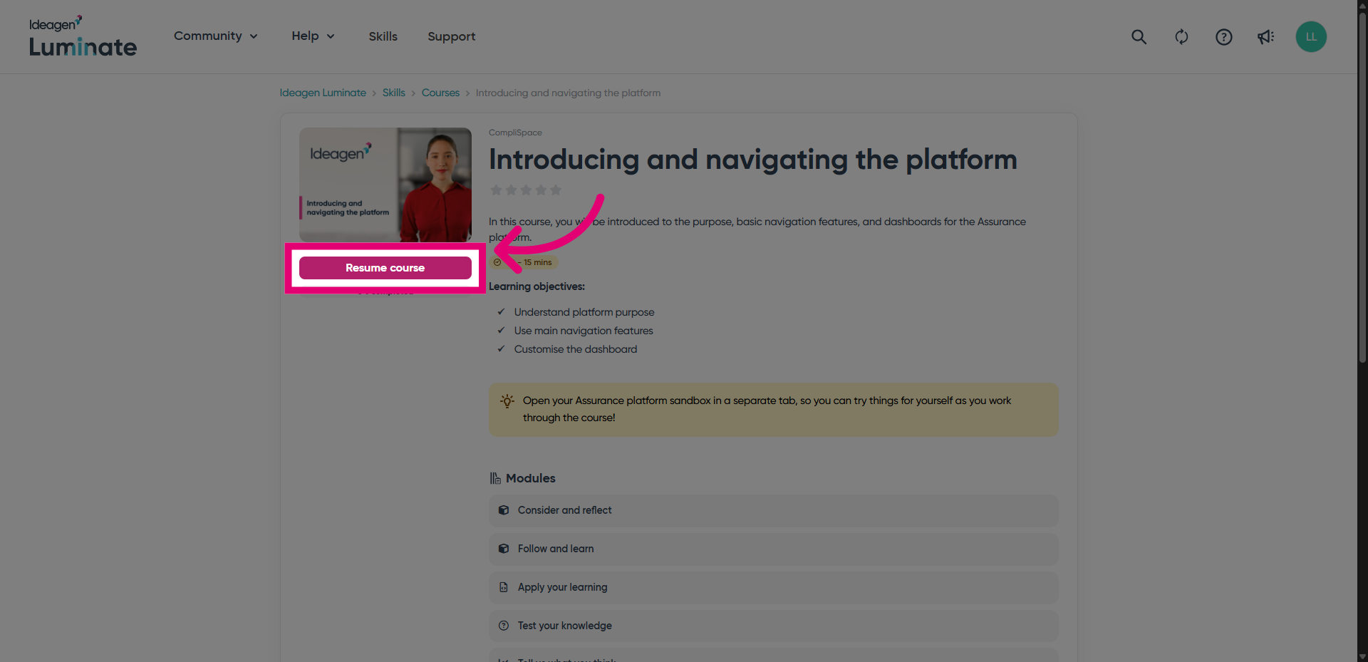 Click 'Resume course'