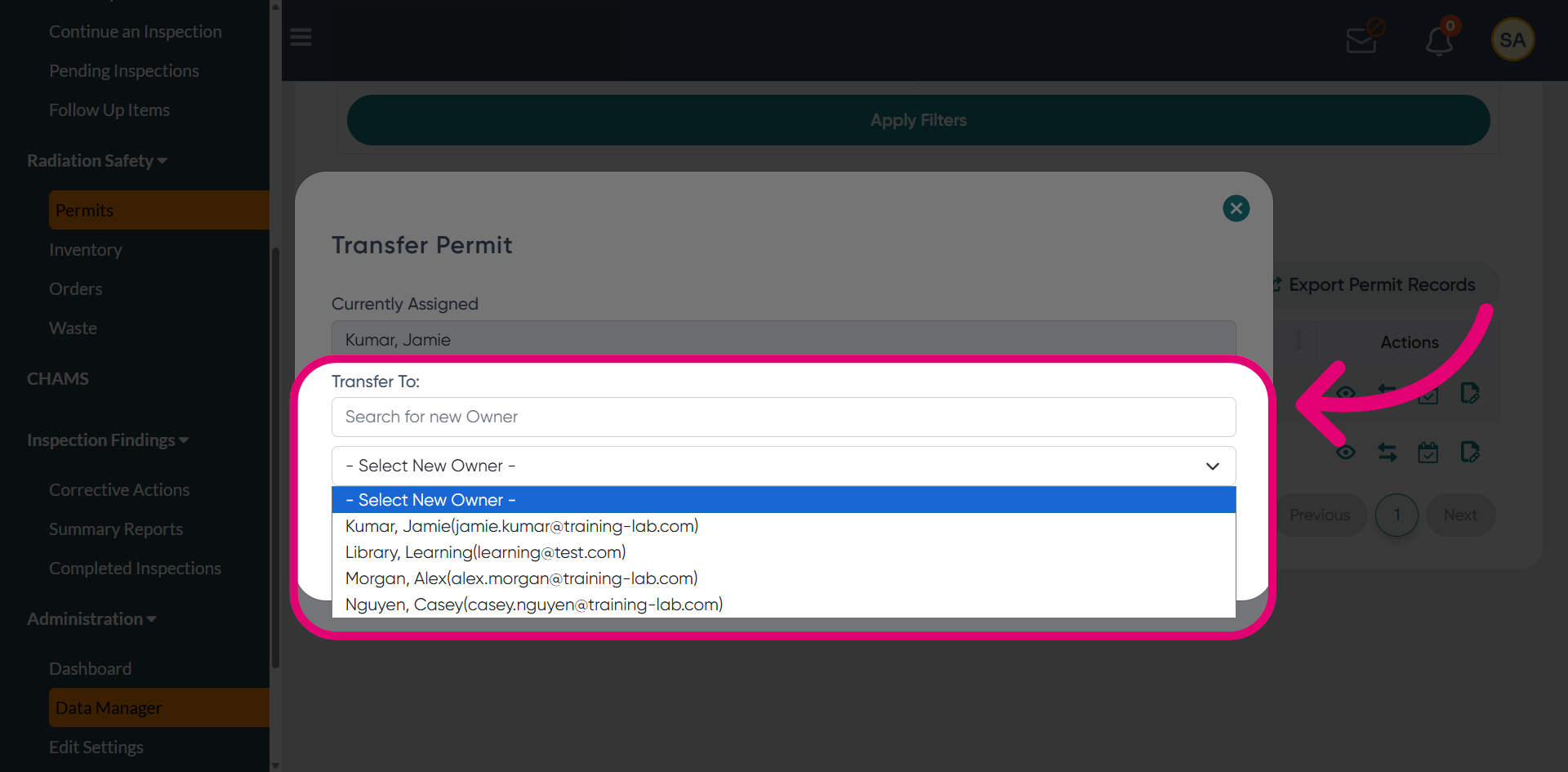 Select a new permit owner