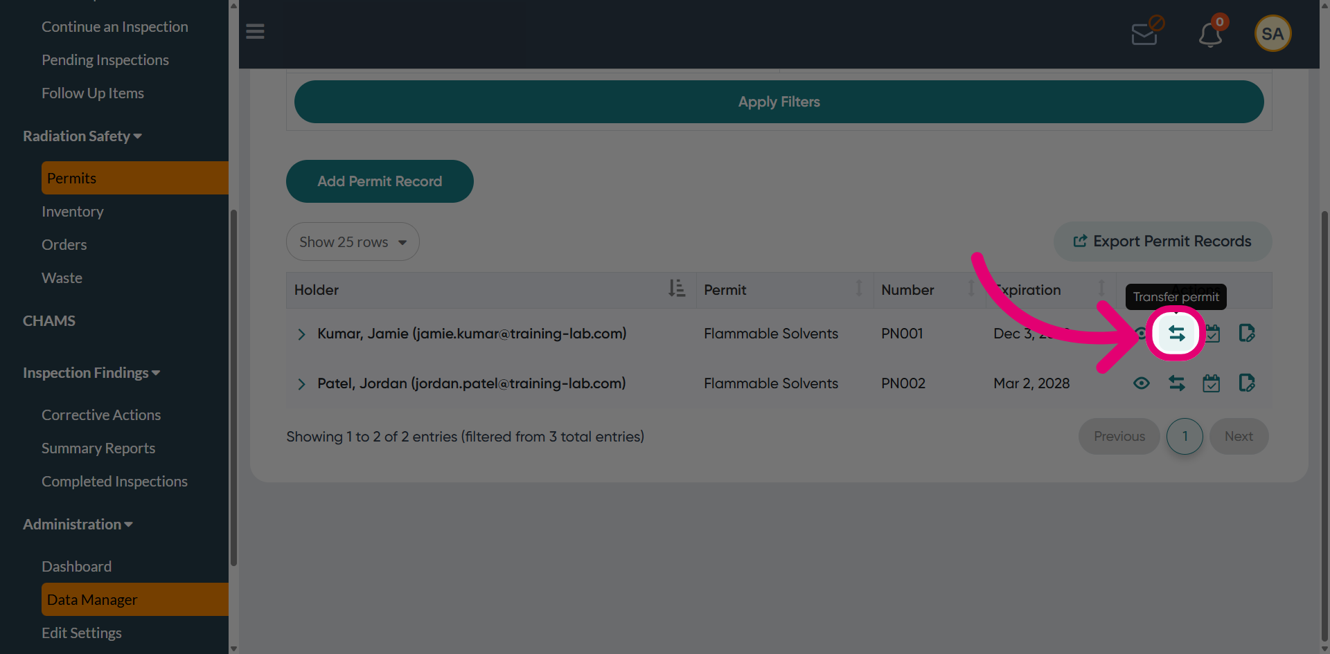 Click 'Transfer permit'