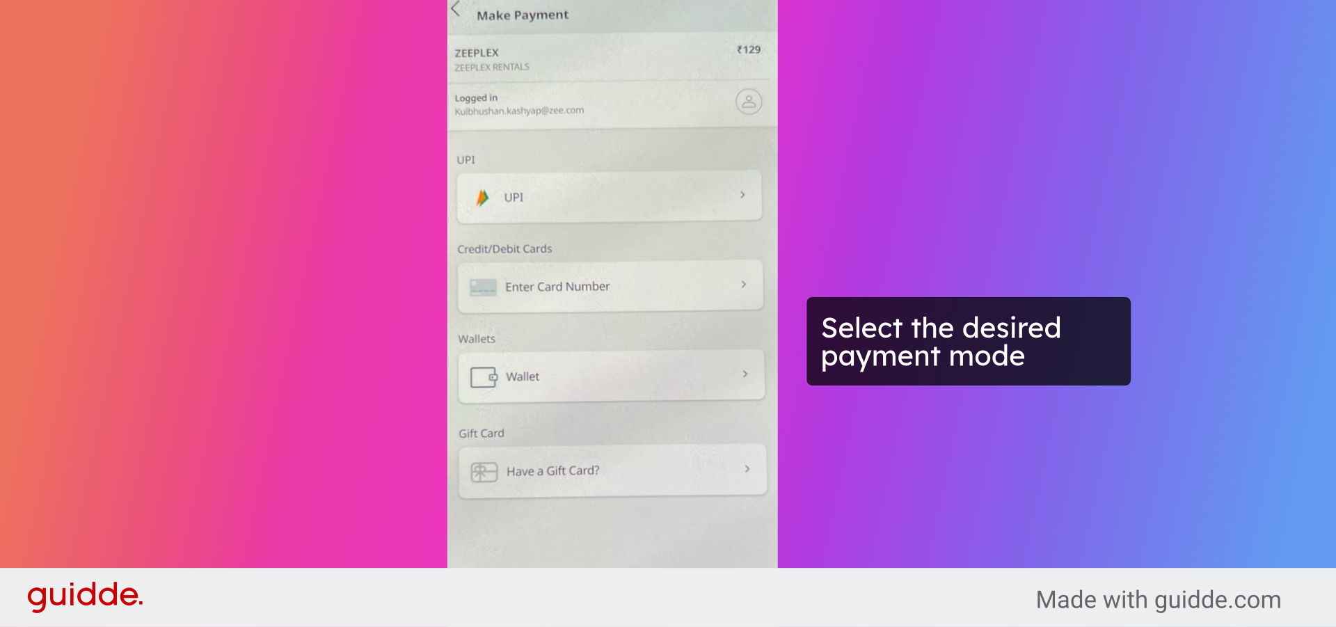 Select the desired payment mode