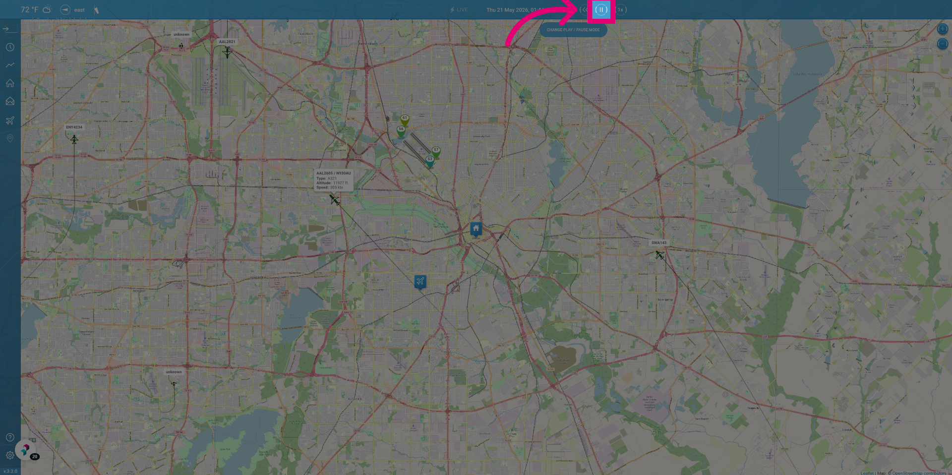 Controls for flight replay, pause