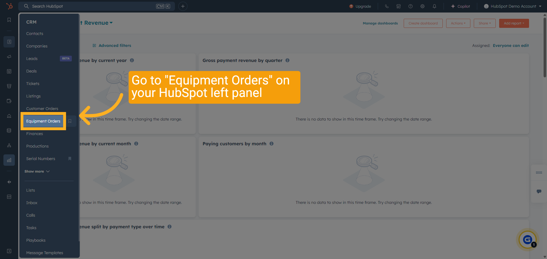 Find 'Equipment Orders' Menu on HubSpot