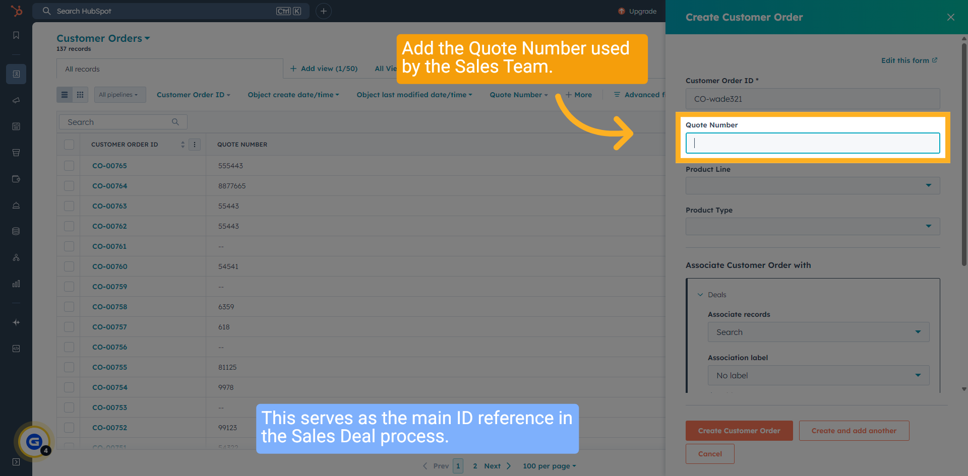 Enter the Sales 'Quote Number'