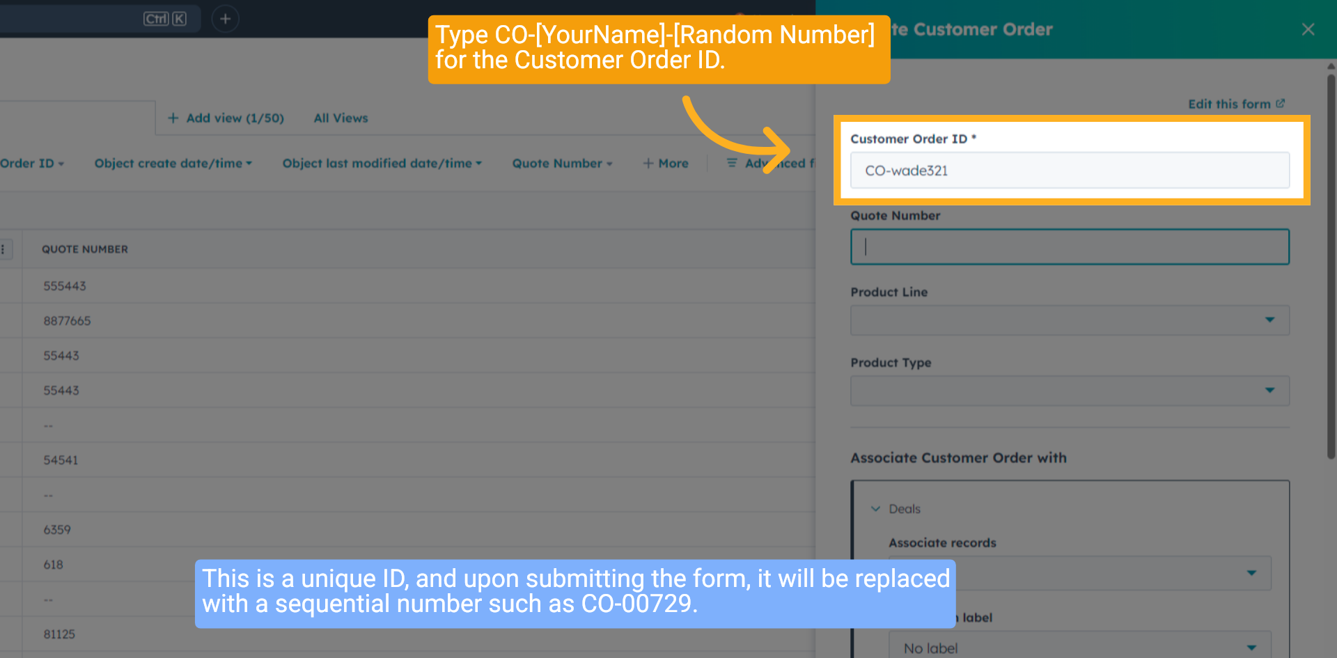 Click 'Quote Number'