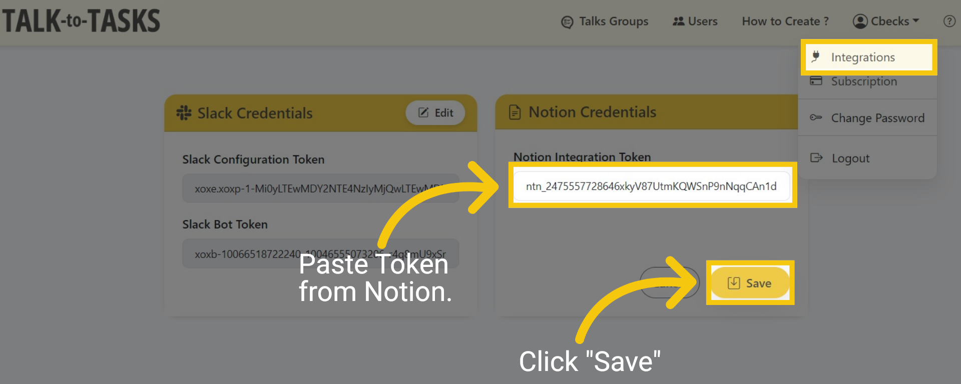 Paste Token on TALK-to-TASKS