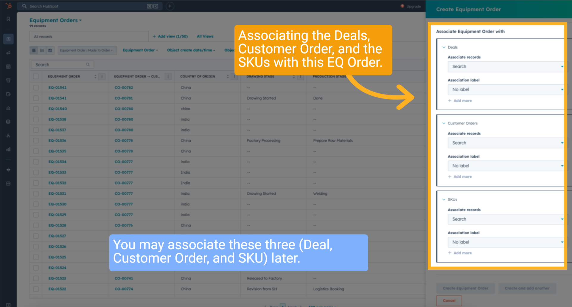 Associating Deals, CO, EQ, and SKU