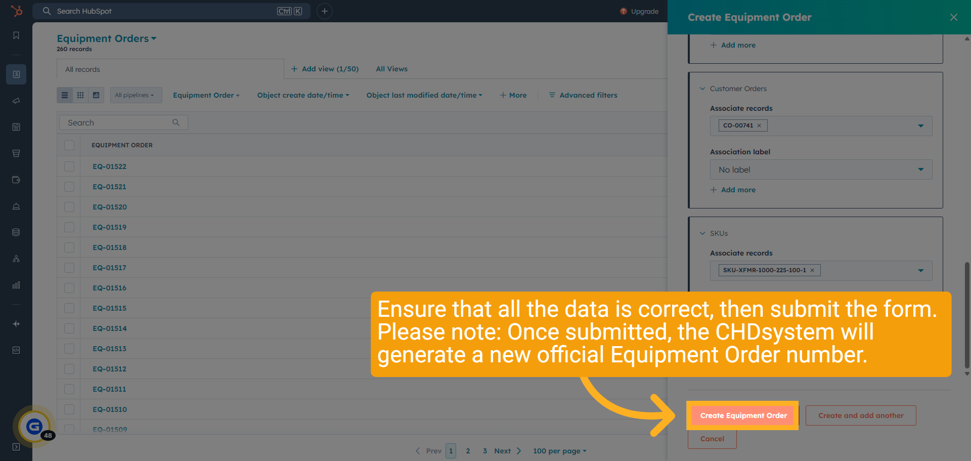 Click 'Create Equipment Order'