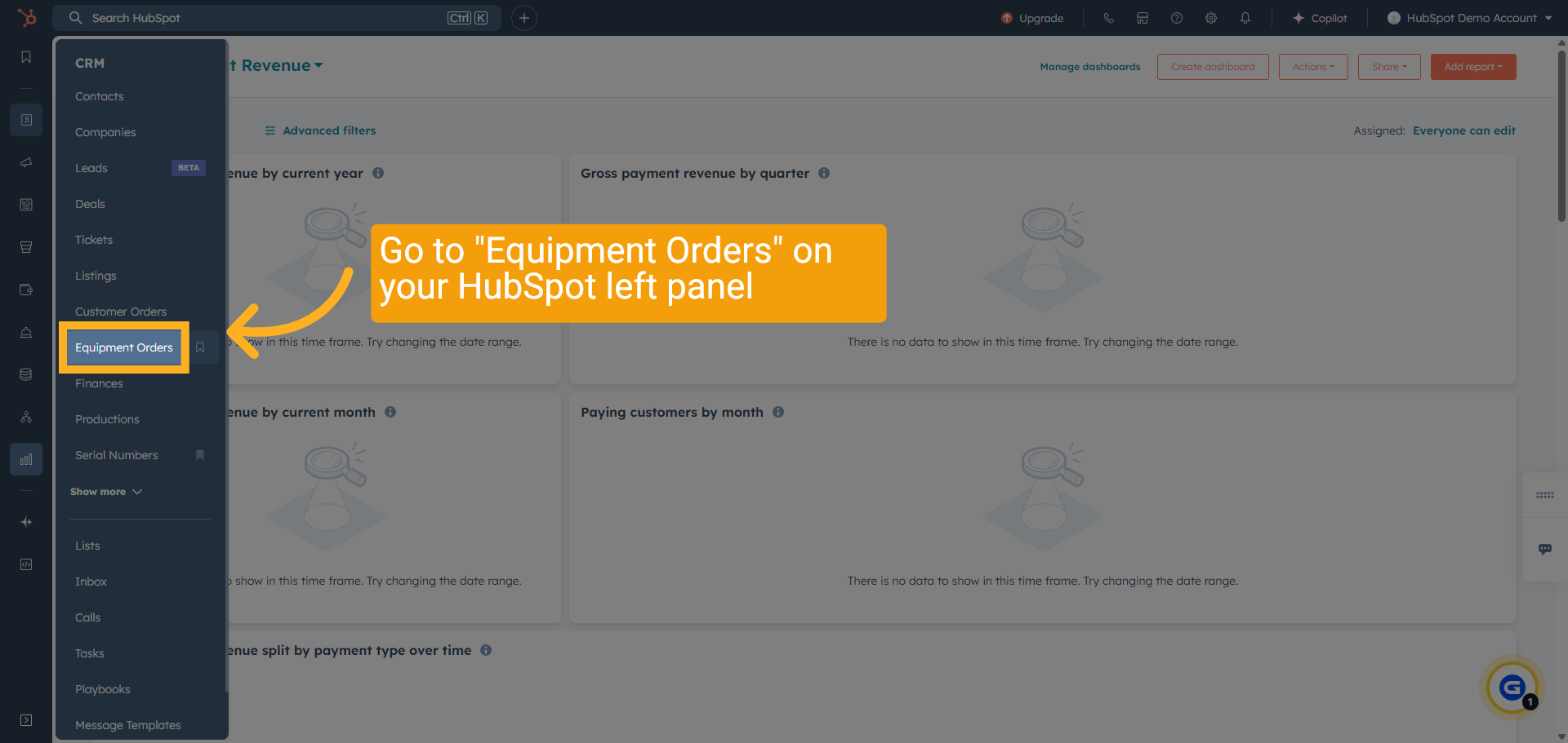 Find 'Equipment Orders' Menu