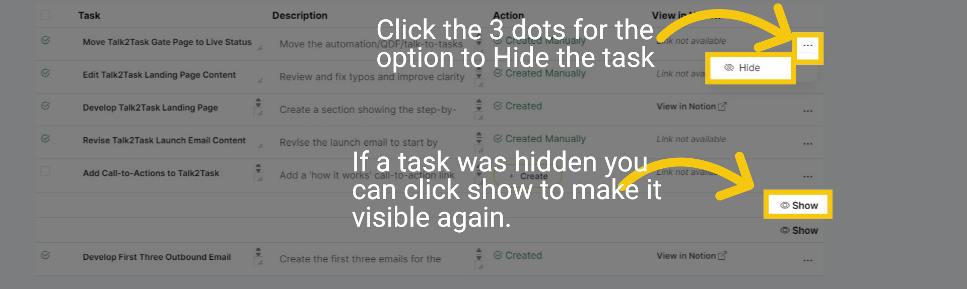 Hide or Show Tasks