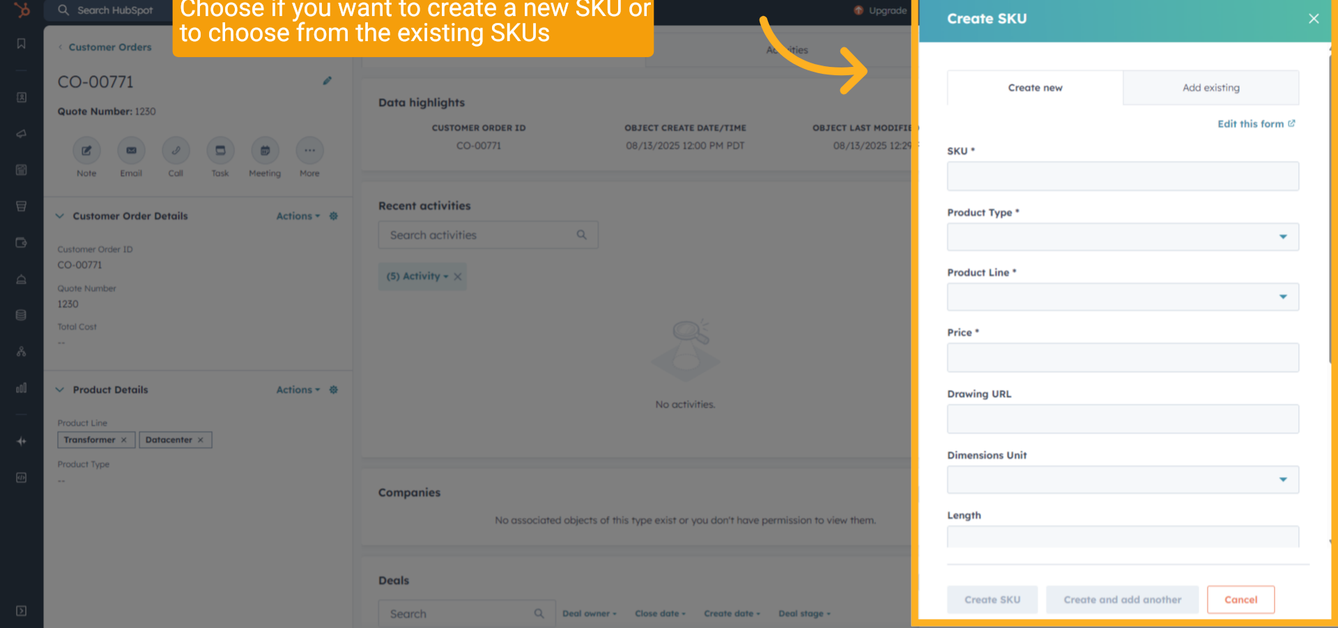 Customer Order Create a SKU