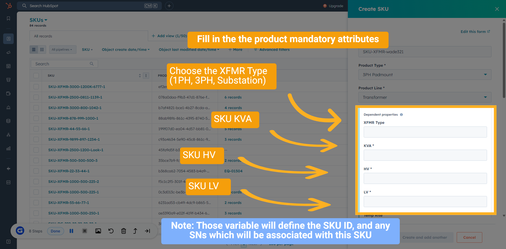 Fill in the attributes based on the product selected