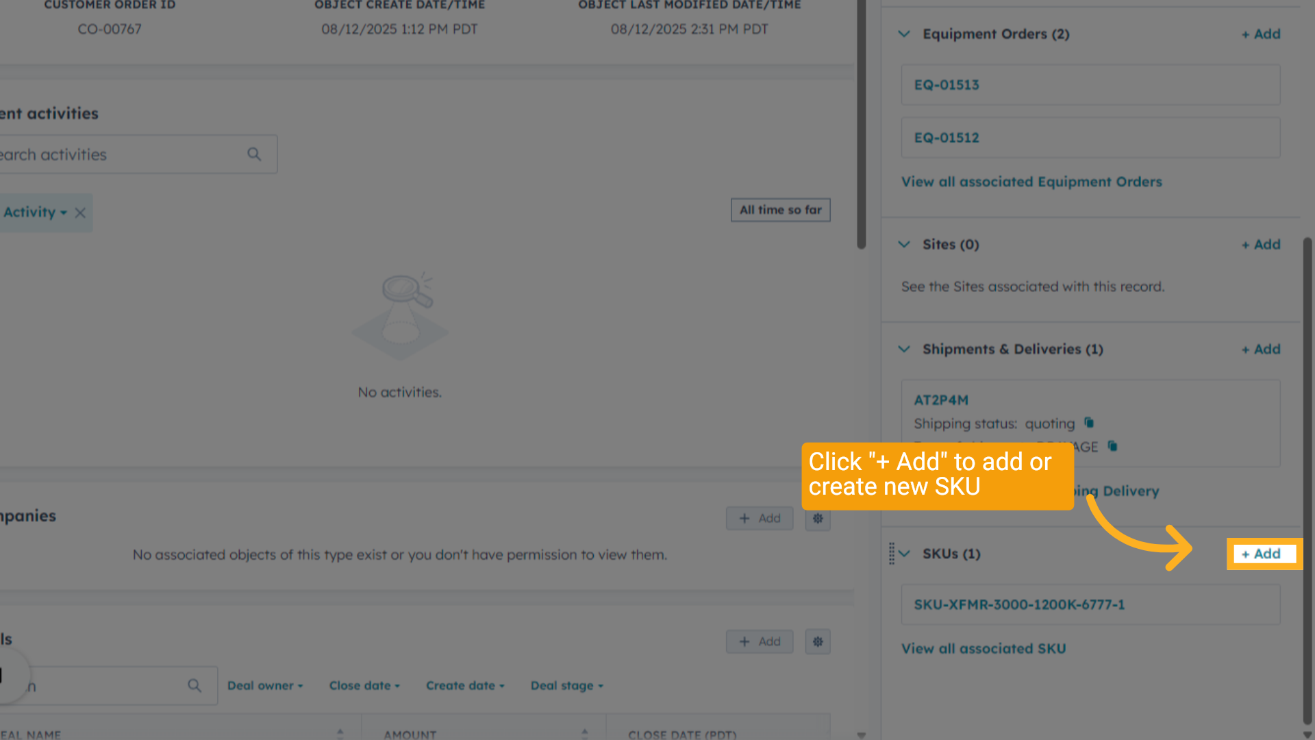 Create a SKU on Customer Order 