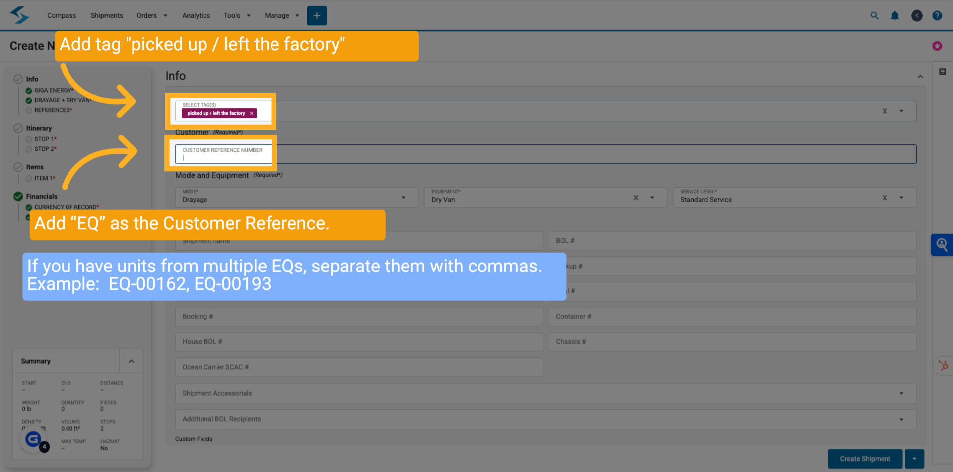 Enter Tags and Customer Reference
