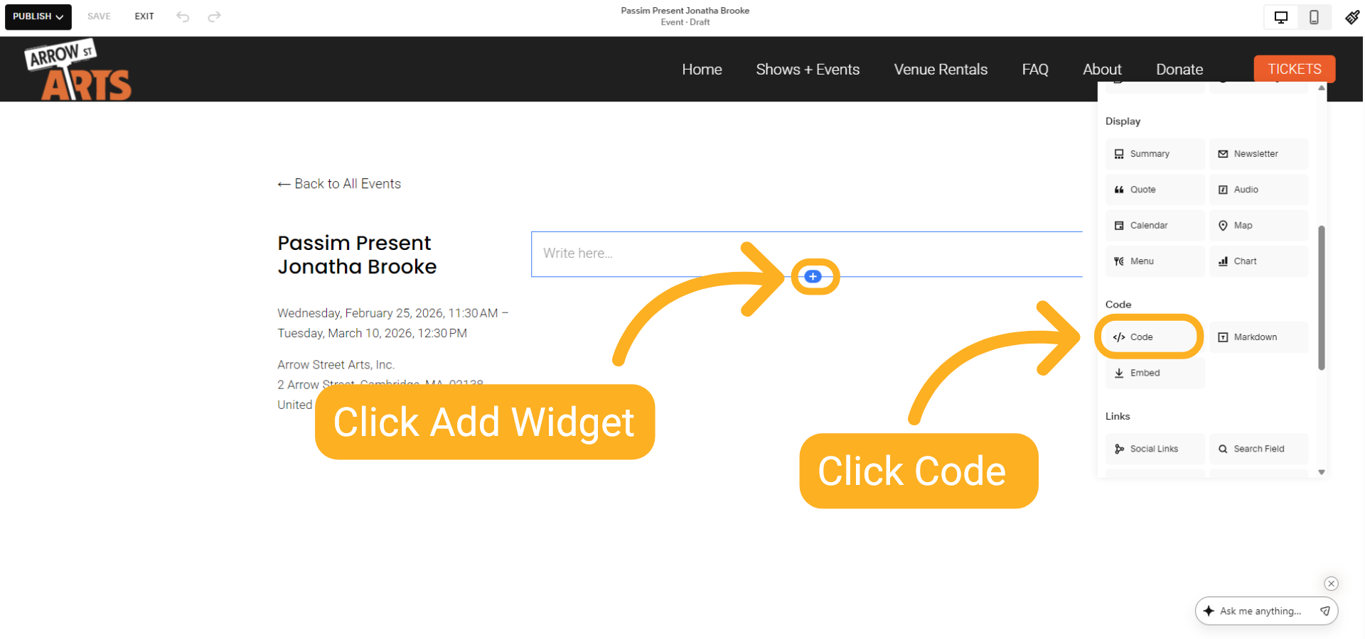 Add Code widget to Page