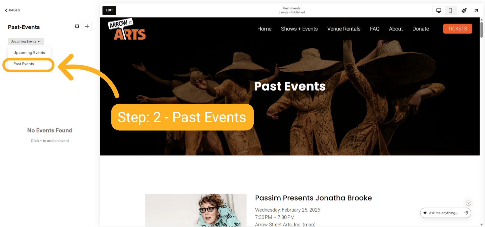 From the dropdown menu, select Past Events