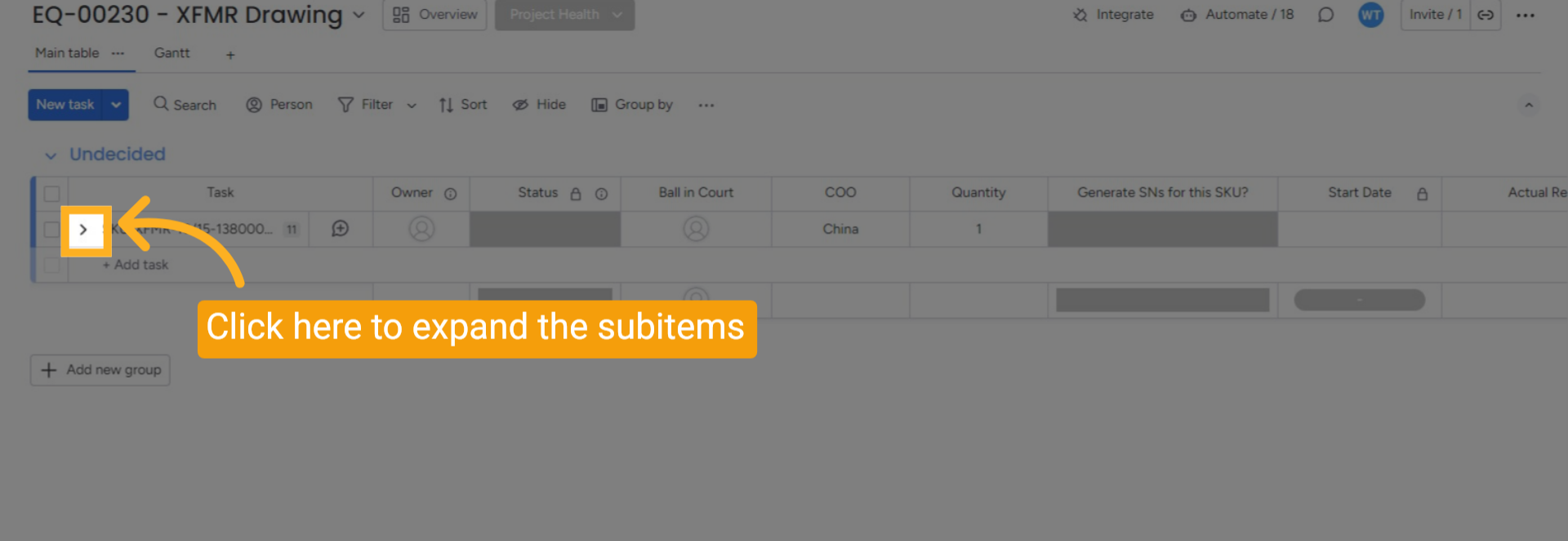 Open the Subitems