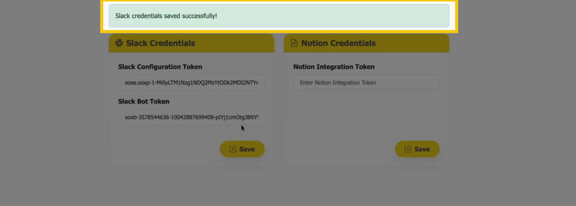 Slack credentials saved successfully!