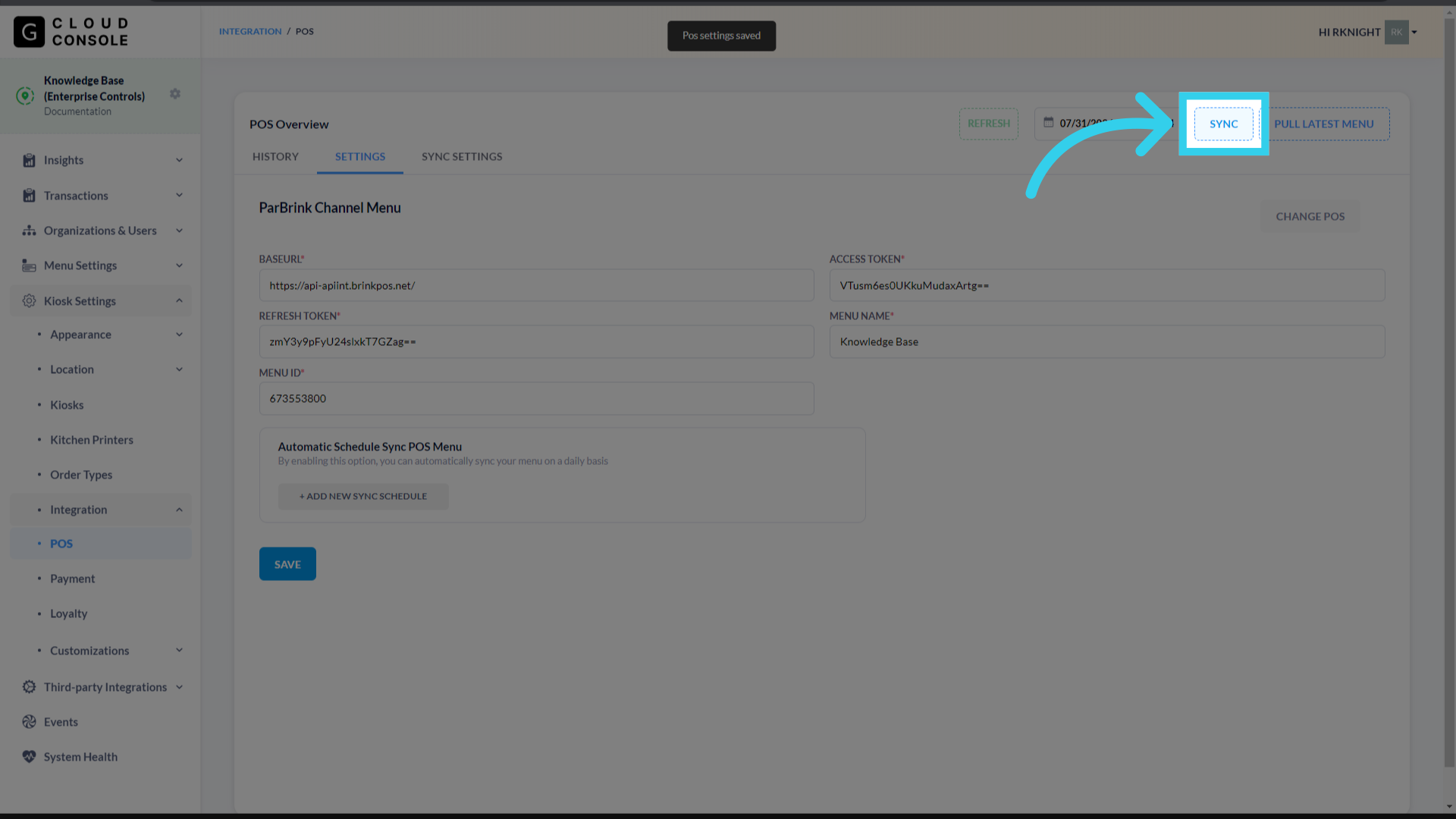 Click 'Sync' to pull all menu data
