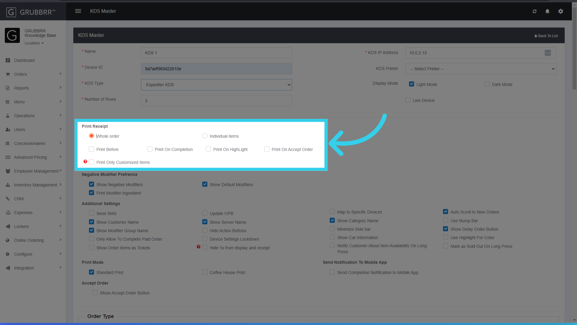 Enable any desired receipt settings