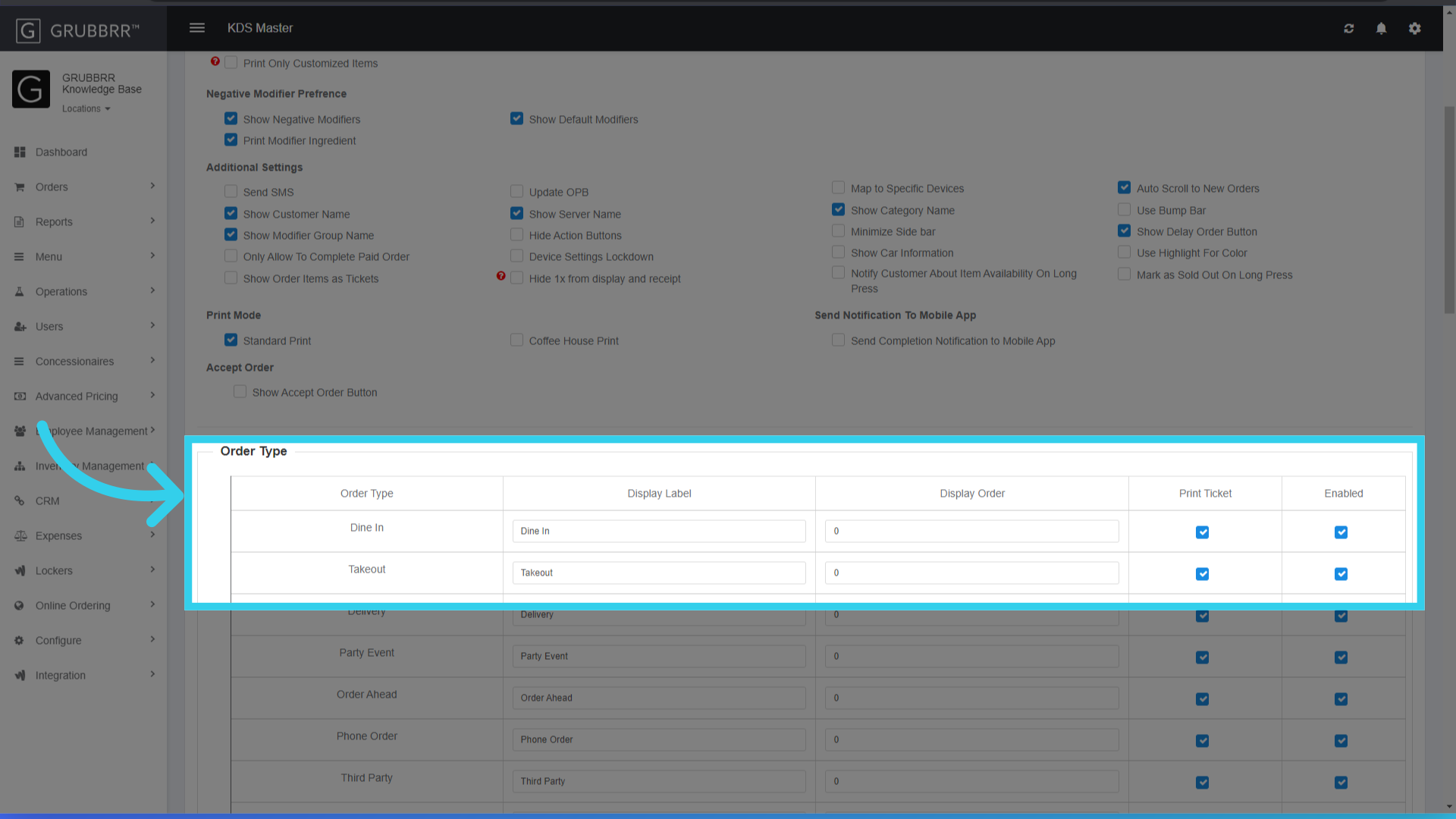 Configure display settings for any active order types