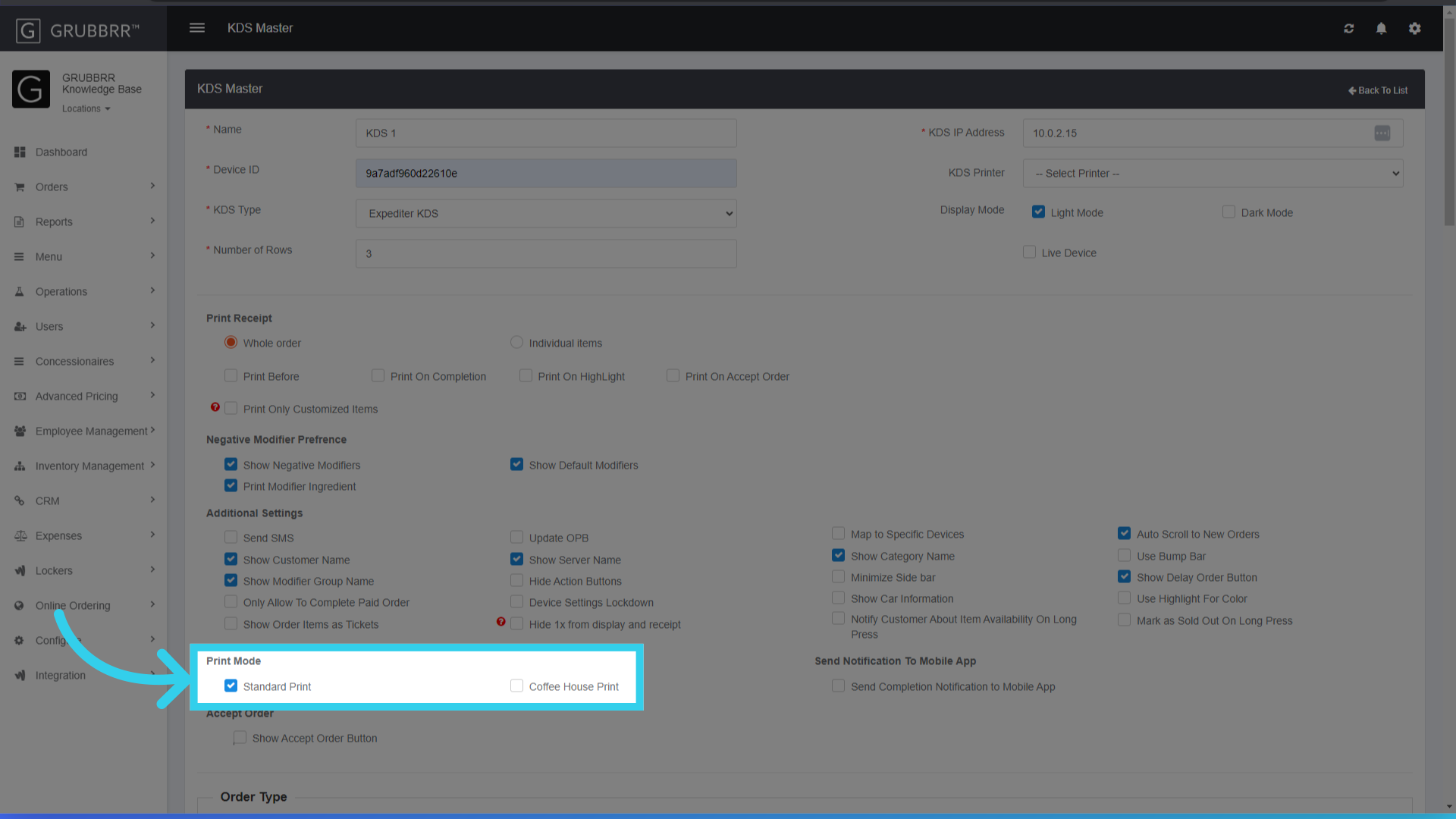 Enable 'Standard' or 'Coffee House' print mode