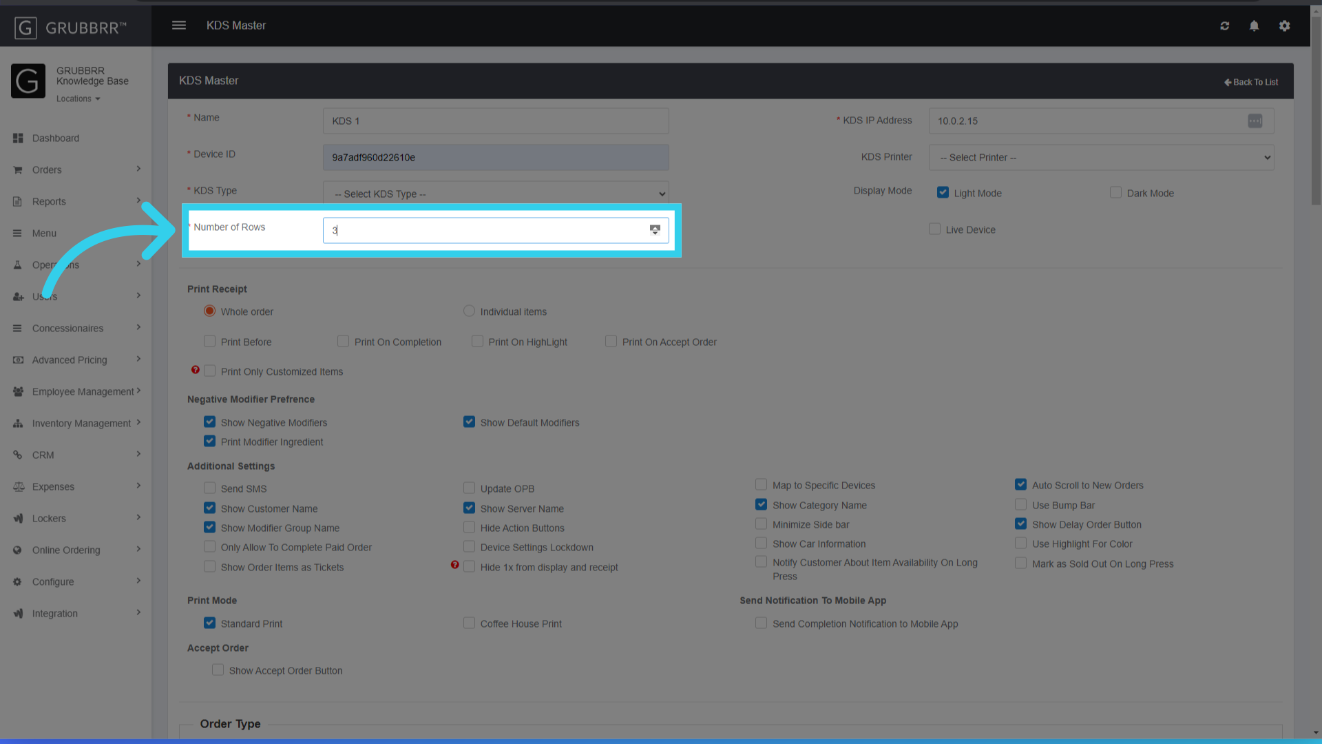 If desired, configure the number of rows the KDS will use for order tickets