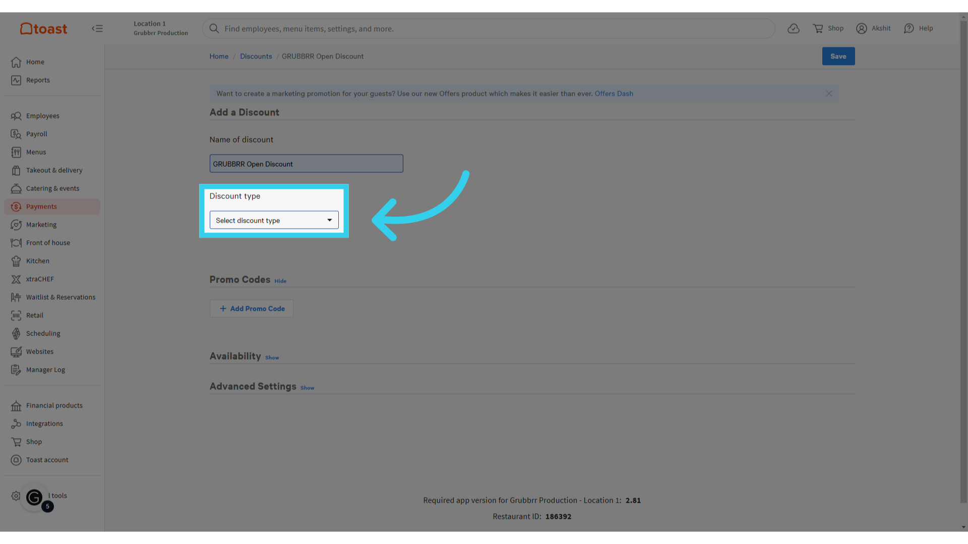 Click 'Select Discount type'