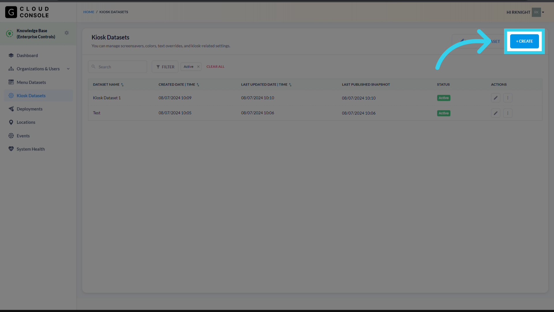 Click 'Create Kiosk Dataset'