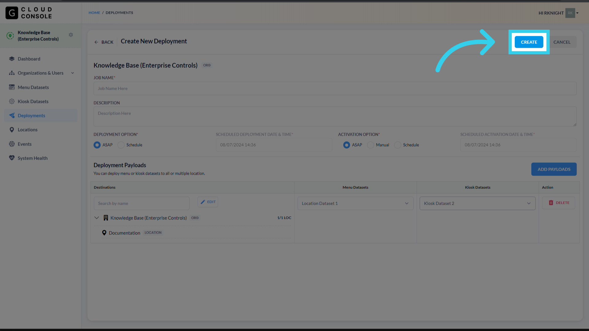 Click 'Create' to save the deployment job