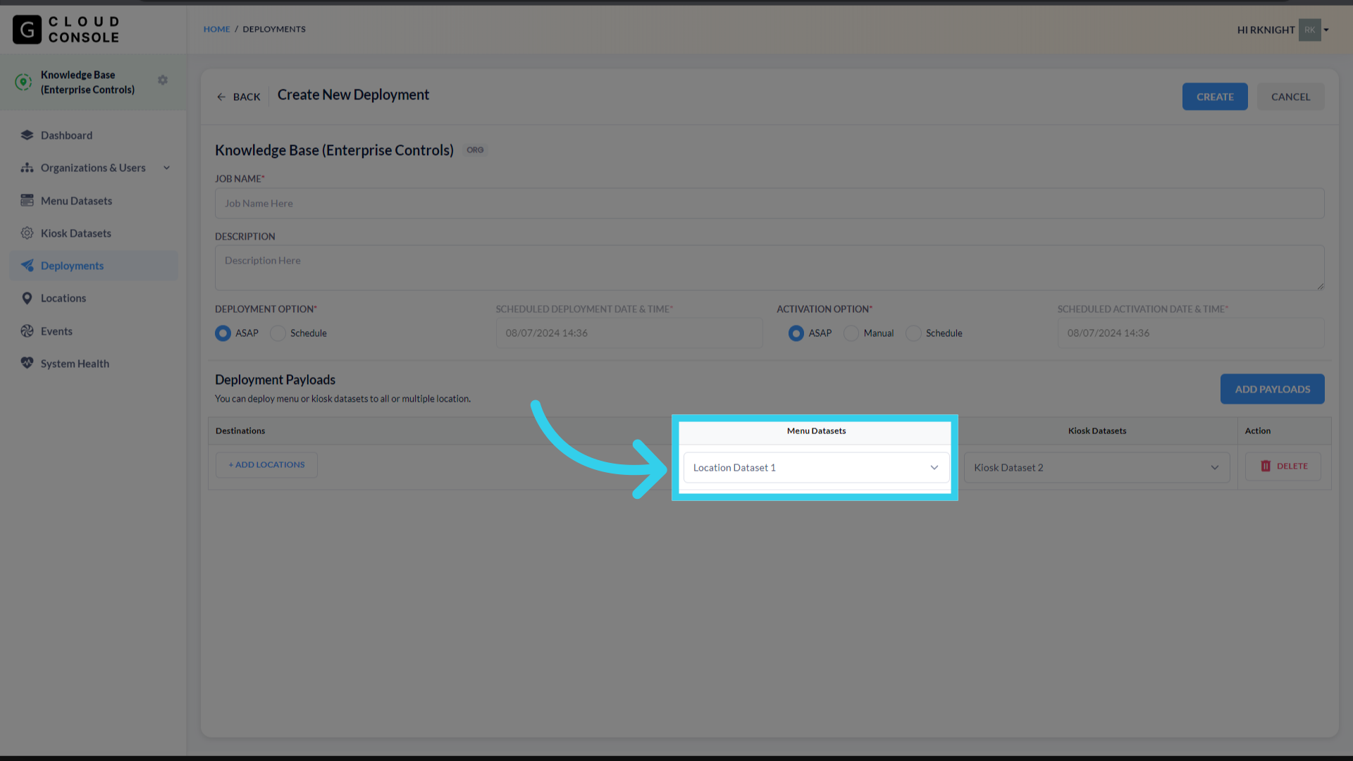 Select which menu dataset you want to deploy...