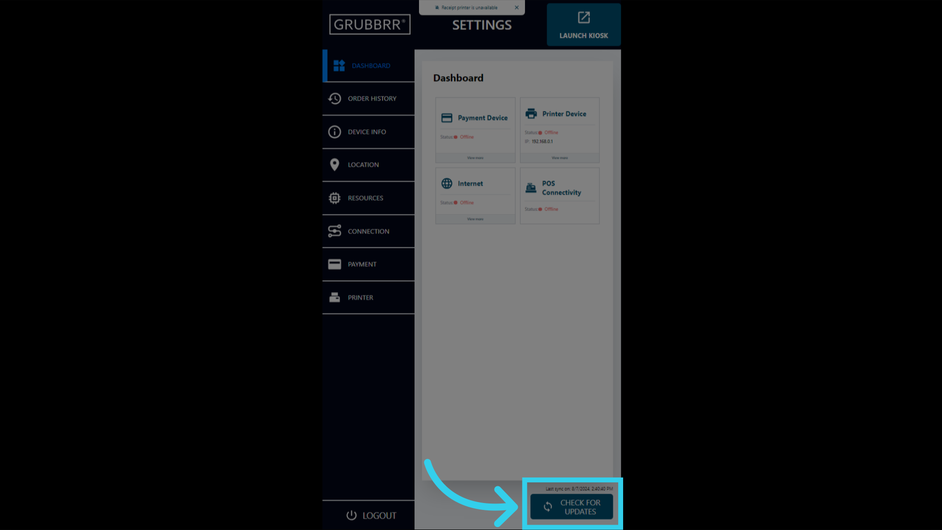 If you selected 'Manual' as your activation method, users will need to access the Kiosk's internal admin settings to apply your changes