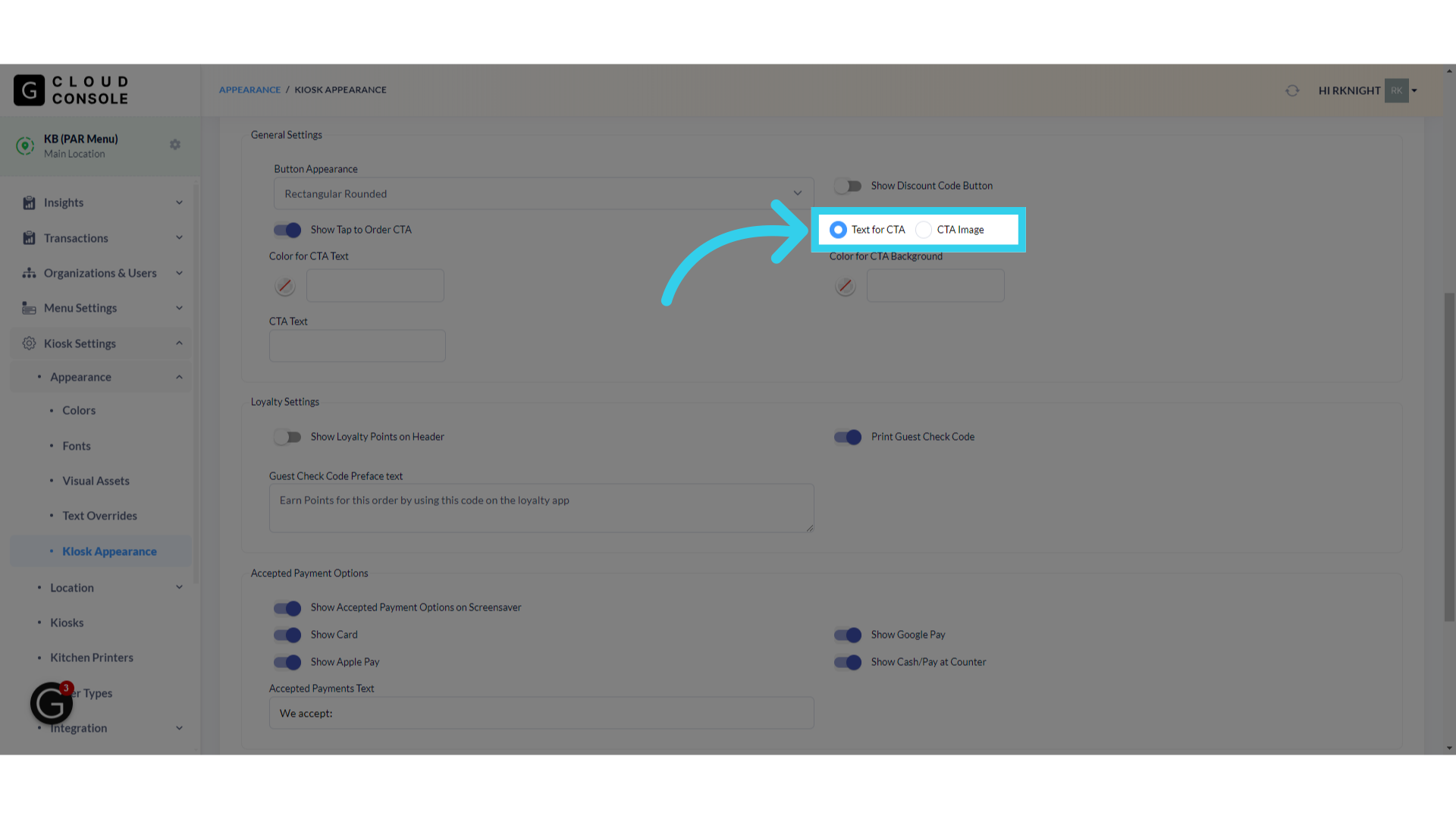 This CTA button can be a text banner, or a custom image we upload to the console