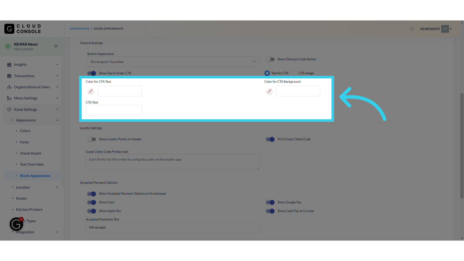 If we're using a text banner for our Call to Action button, we can customize the text color, background color, and message here
