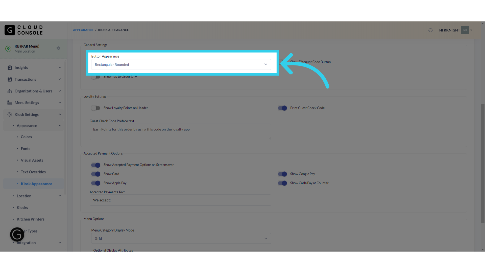 The 'Button Appearance' option allows us to configure whether the Kiosk uses rectangle or oval buttons in its UI