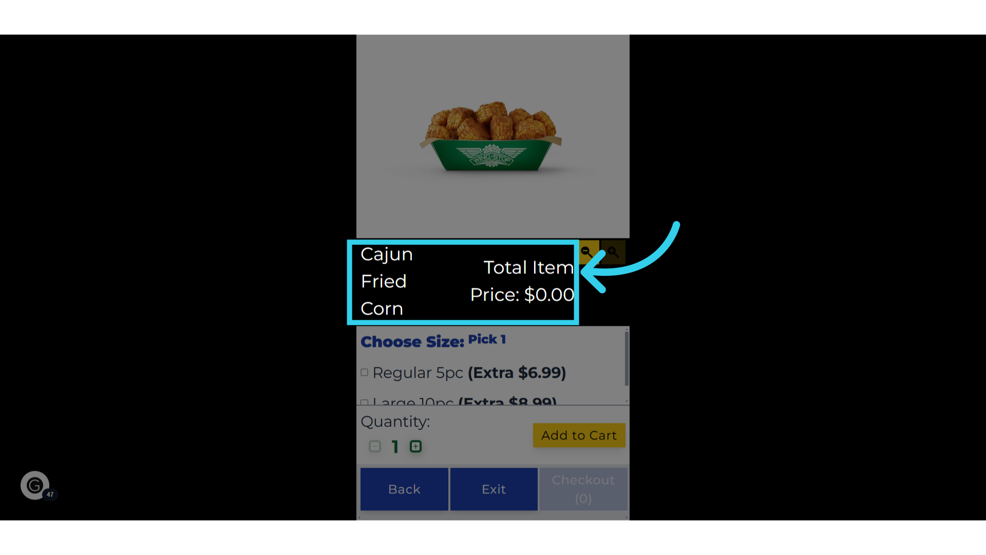 The Item name and price will be displayed in the middle of the screen