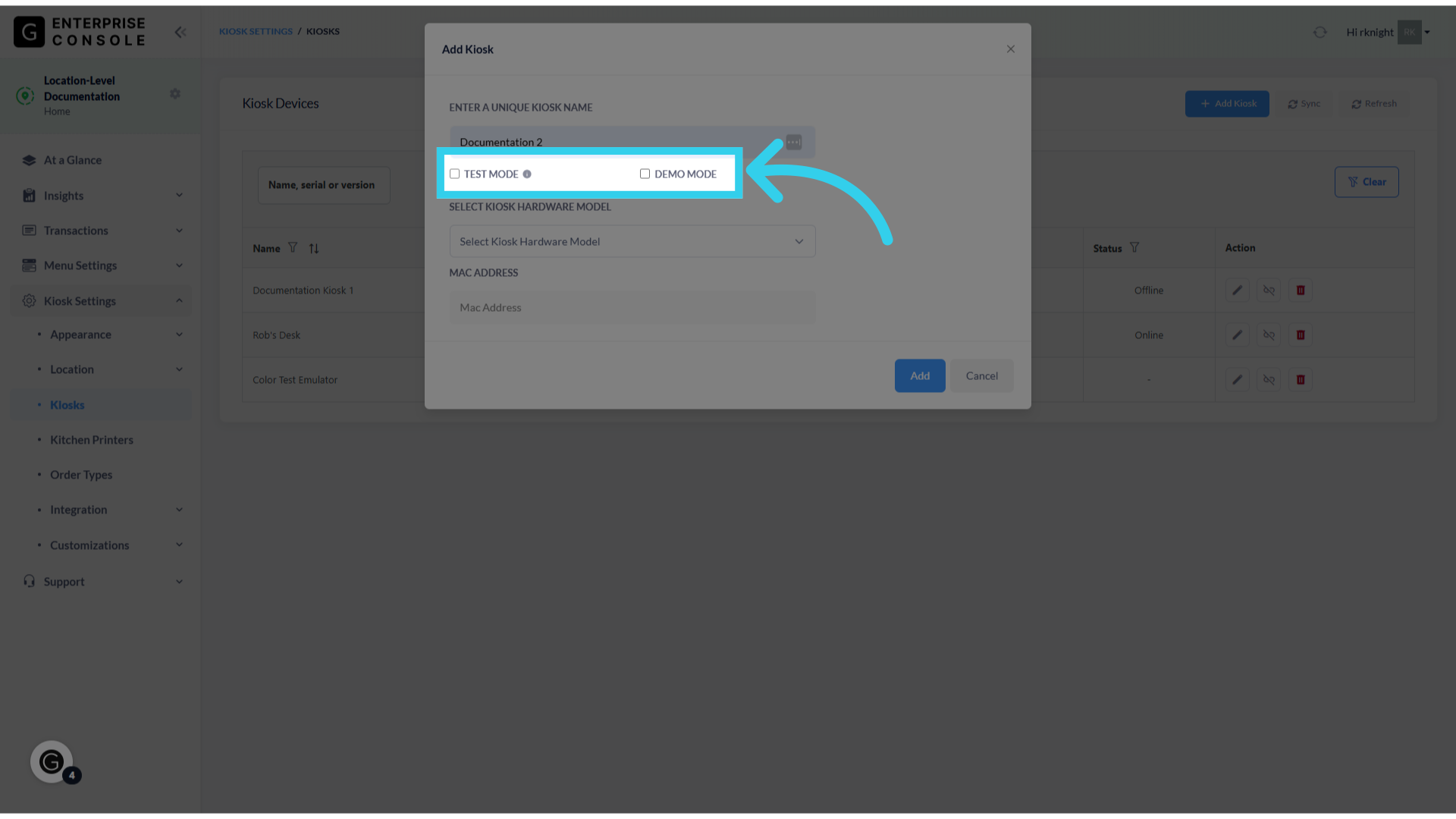 'Test' and 'Demo' modes are used for devices that won't be processing Customer orders
