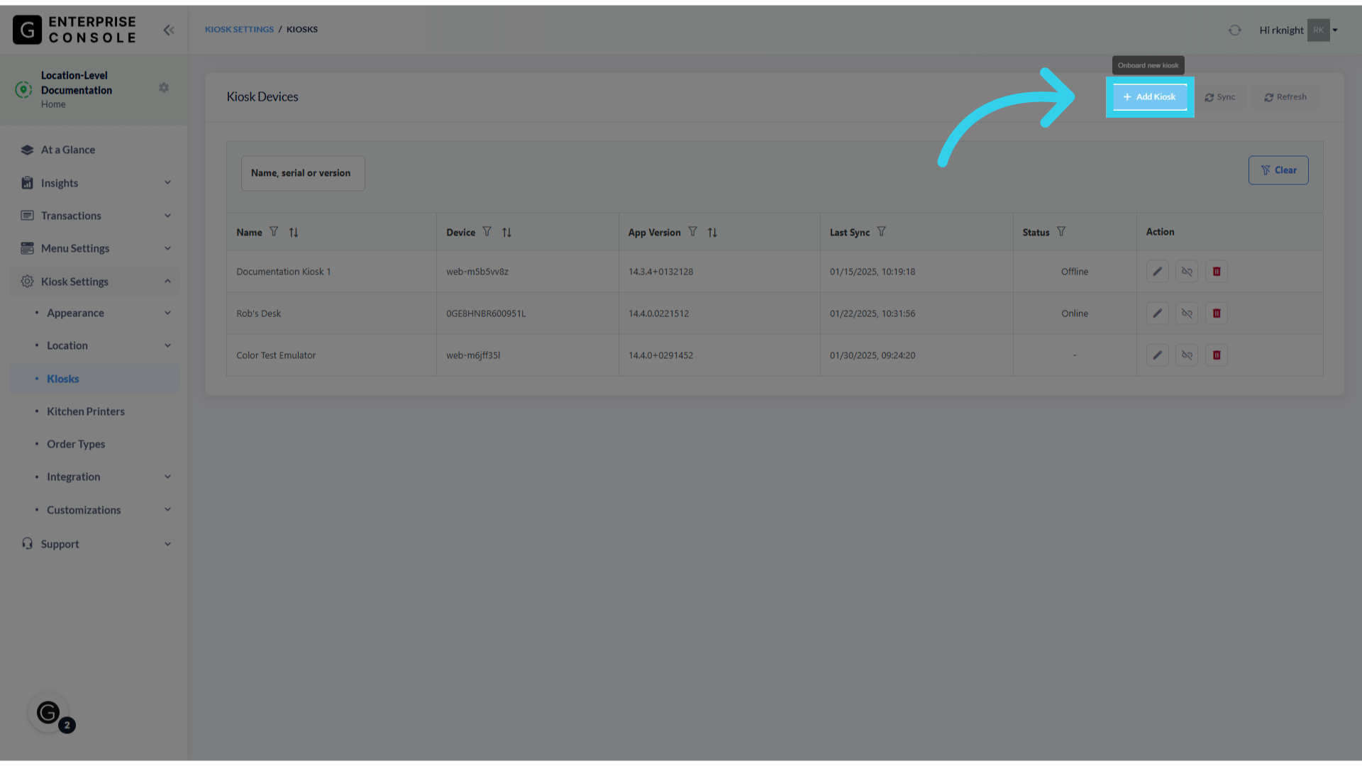 Click 'Add Kiosk'
