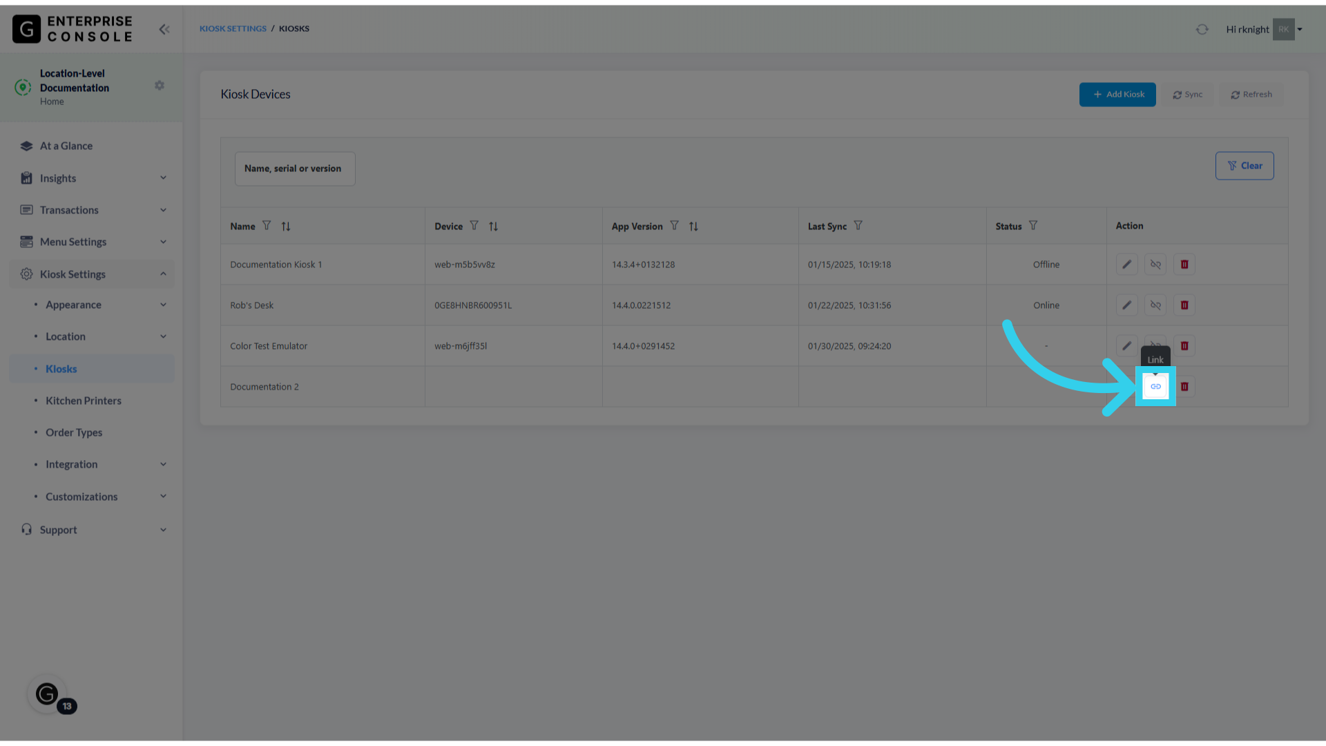 Now, we can connect to a device by clicking the 'Link' icon here