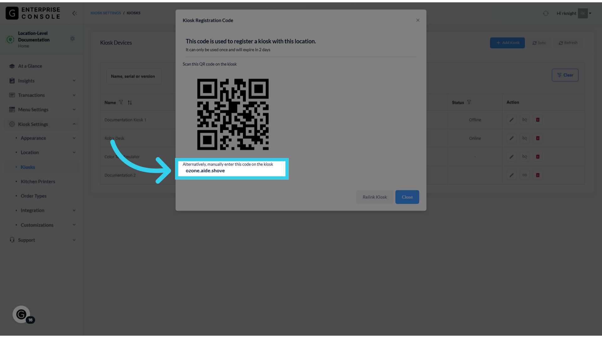 This will generate a temporary link code that you can use to sign into the device