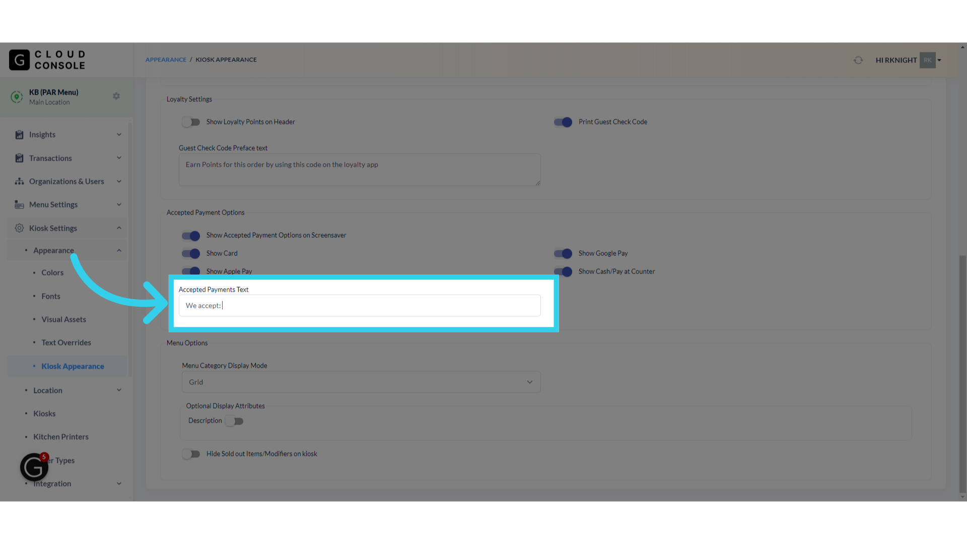 We can also add custom text to let users know what the symbols mean on the Kiosk