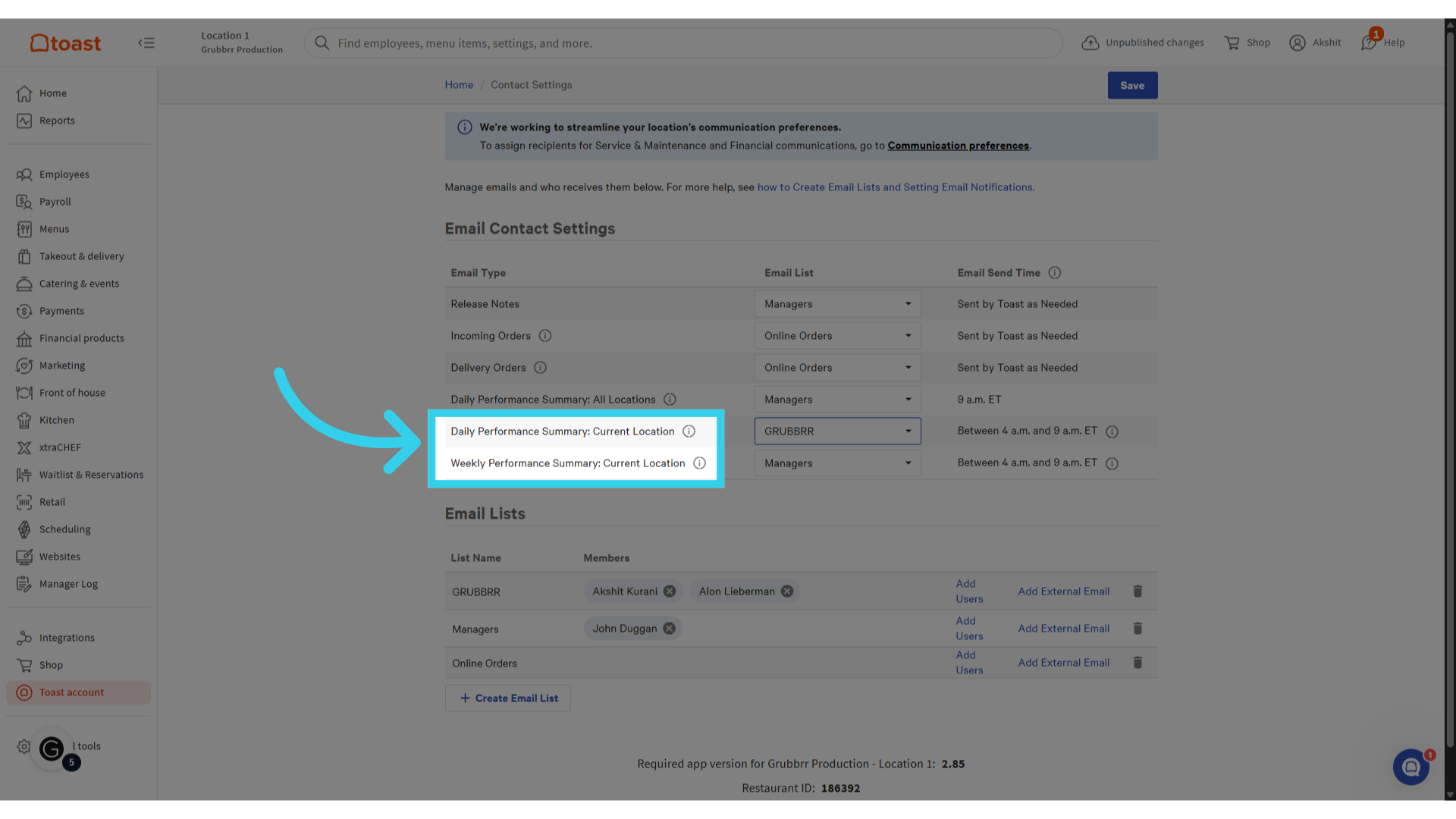 You can share Daily or Weekly performance summaries for your location