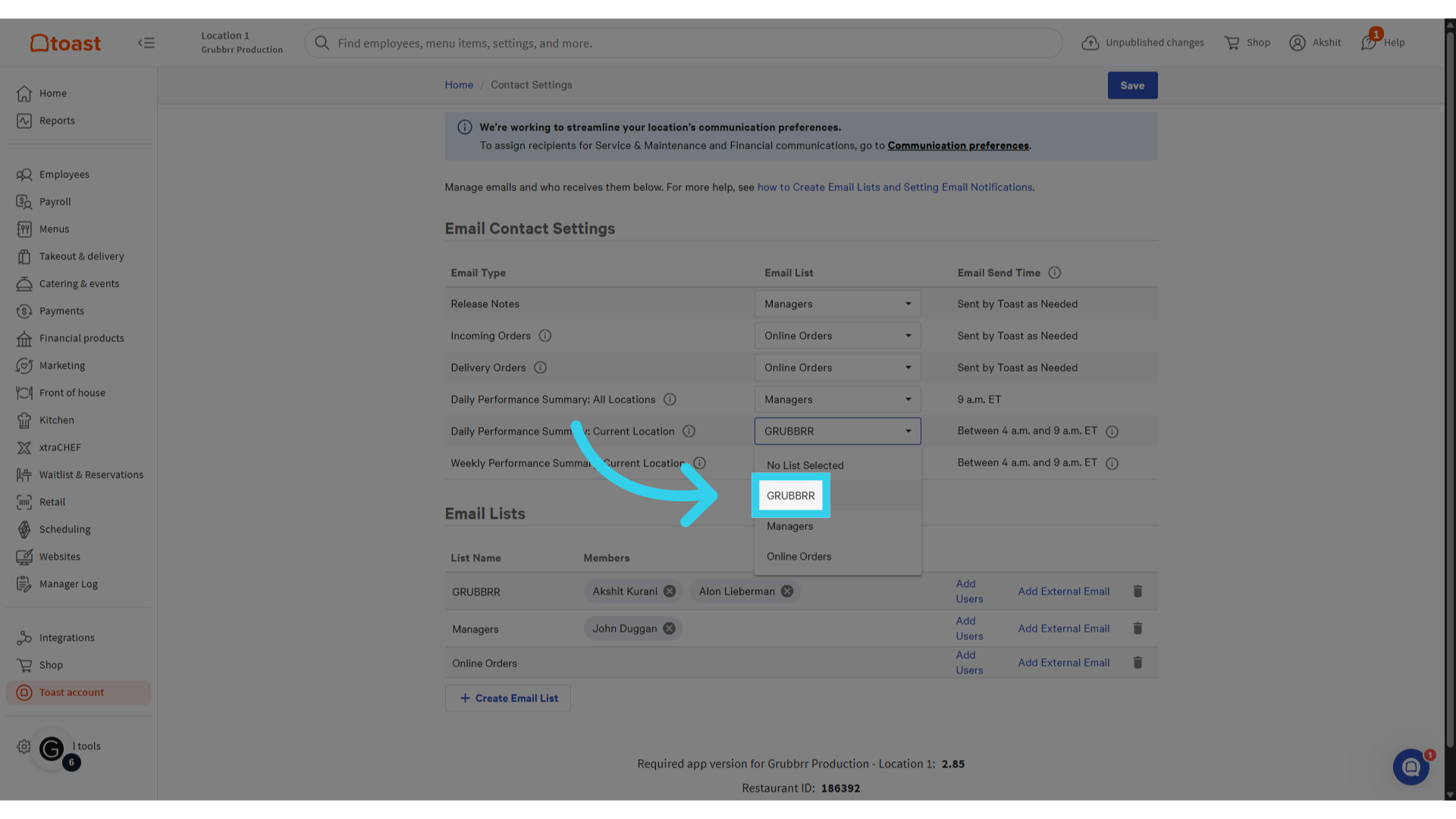 Simply use this dropdown and select your GRUBBRR Email list...