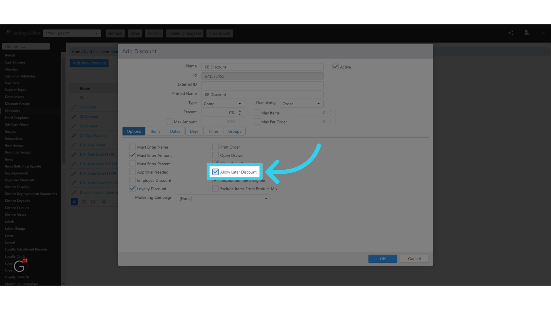 and 'Allow Later Discount' are both enabled